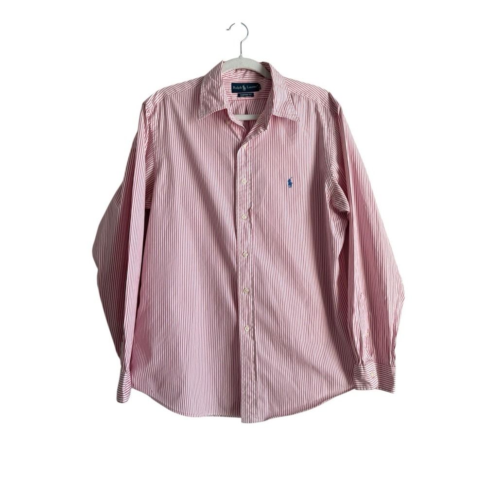 Ralph Lauren Men's Shirt Long Sleeves Custom Fit Pink Stripes Size 16 1/2 Casual